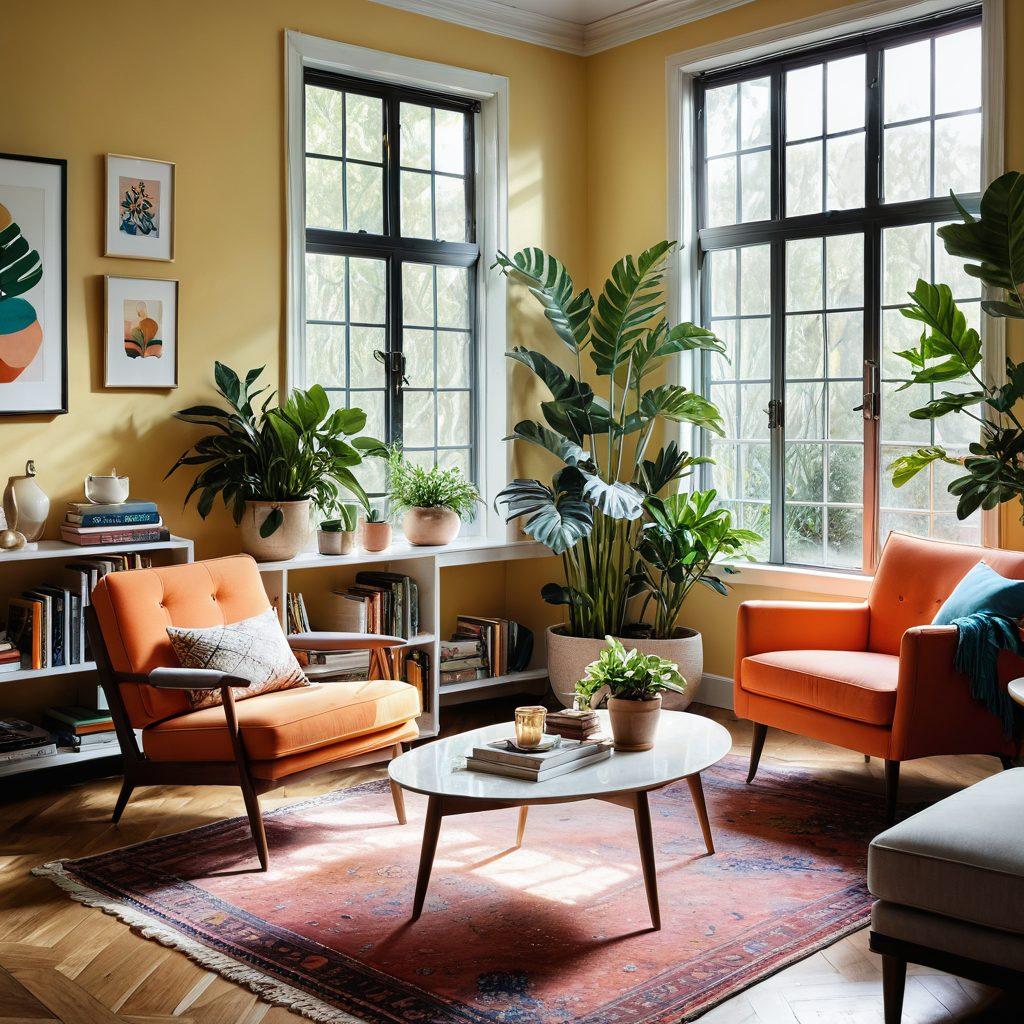 A harmonious blend of vintage and modern design elements, featuring a cozy, sunlit room with a retro armchair and a sleek modern coffee table adorned with colorful books, plants, and vintage decor. The walls display eclectic art pieces, while large windows invite natural light, creating a joyful and inviting atmosphere. The palette is warm with soft pastels and vibrant accents. surrealistic. vibrant colors. soft focus.