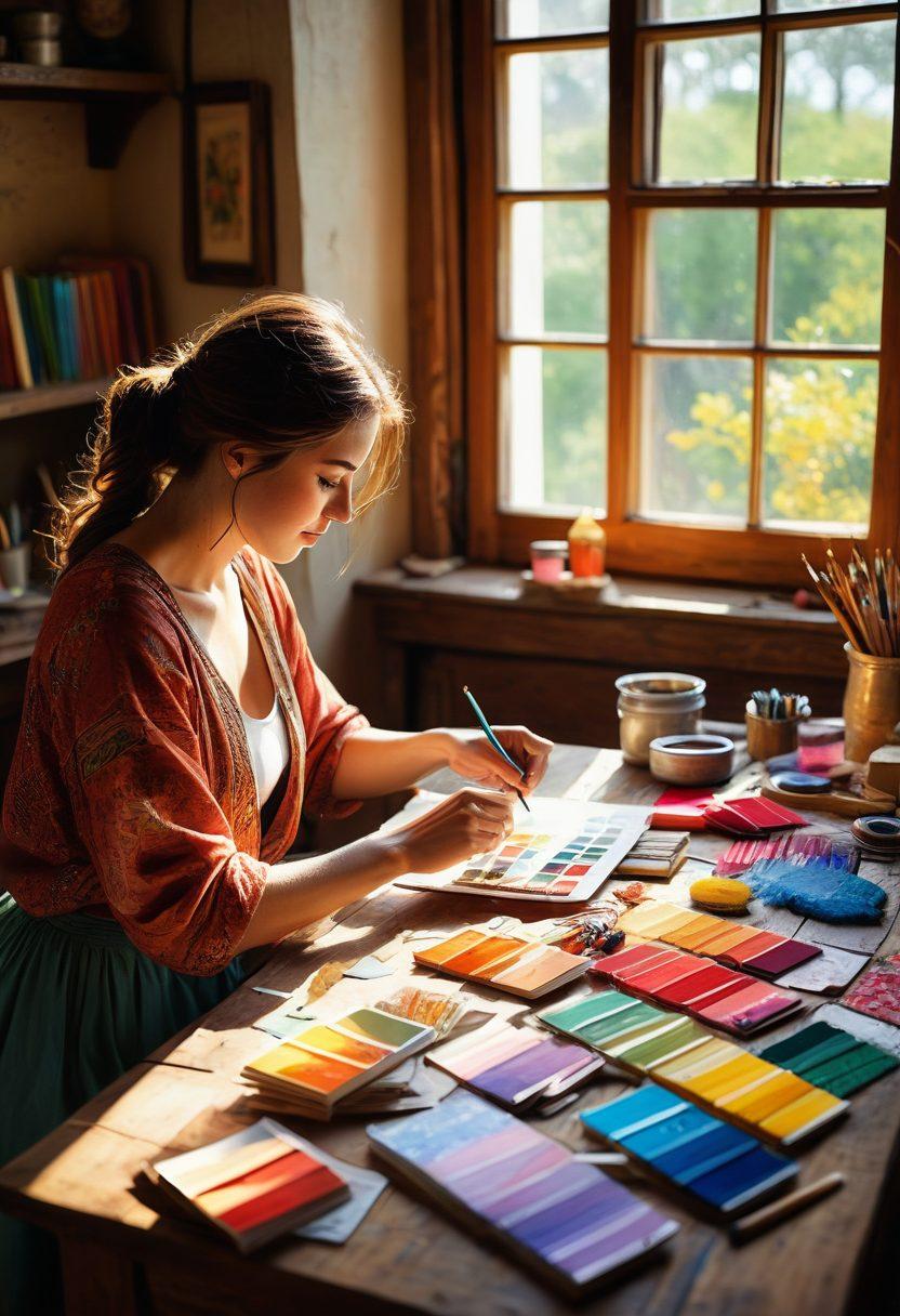 A serene workshop filled with colorful art supplies, showcasing hands busy crafting joyful designs, surrounded by vibrant fabric swatches and intricate patterns. Sunlight filters through the window, illuminating the intricate details of a joyful aesthetic creation in progress. A sense of bliss emanates from the scene, reflecting creativity and passion. super-realistic. vibrant colors. soft focus.