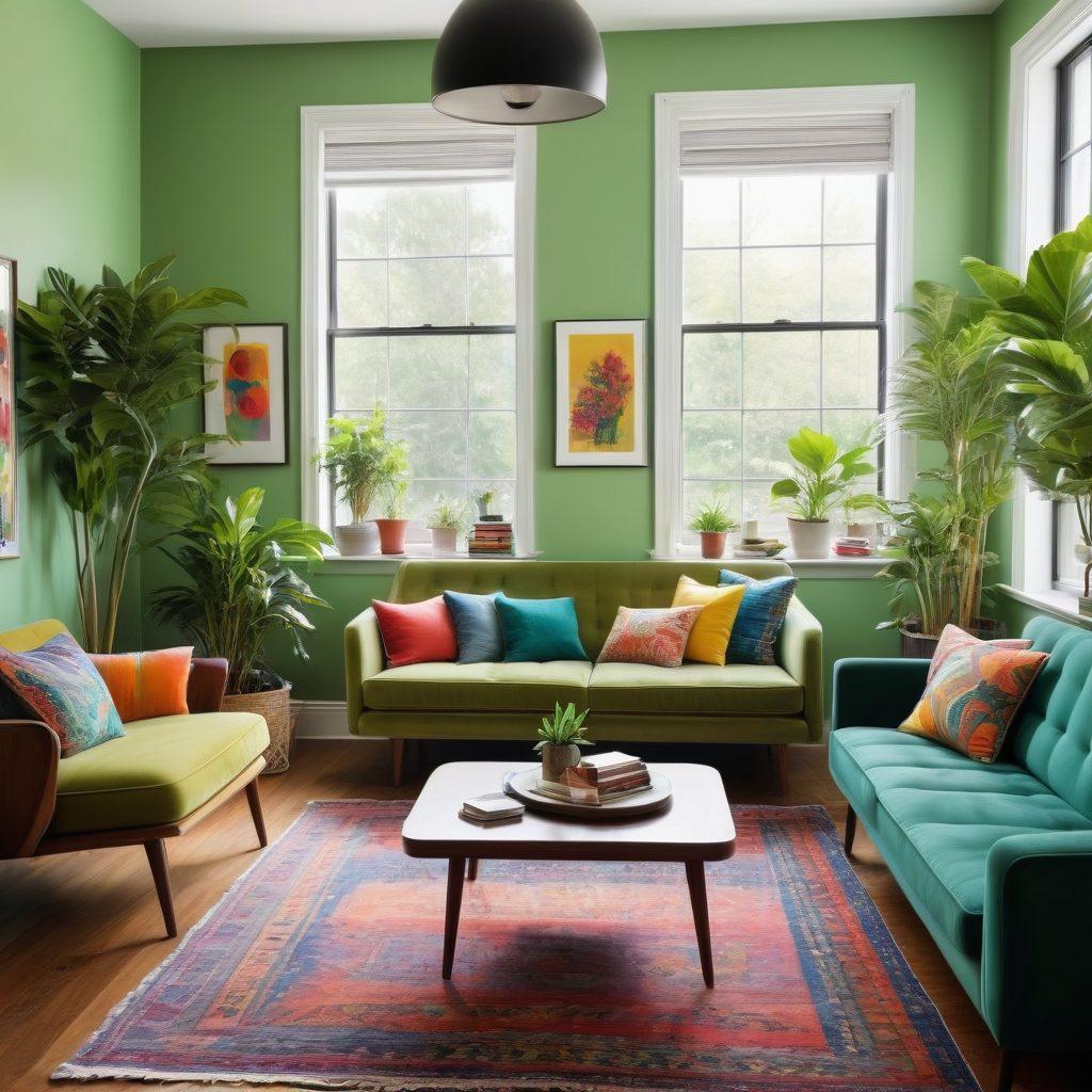 A cheerful living room blending vintage and modern styles, featuring a retro sofa with colorful throw pillows, a sleek contemporary coffee table, and bright, whimsical wall art. Sunlight streams in through large windows, illuminating plants and nostalgic decor elements like an old record player. The atmosphere radiates warmth and joy, inviting the viewer to imagine relaxing in this harmonious space. vibrant colors. super-realistic.